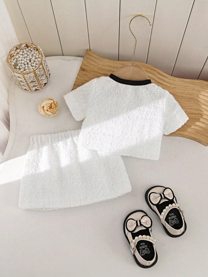 2-Piece Baby Girl Woven Tweed Top & Skirt Set,Black And White,Summer,Formal,Party Cruise Cute Newborn Knitted Outfits With Faux Pearl Button & Bow