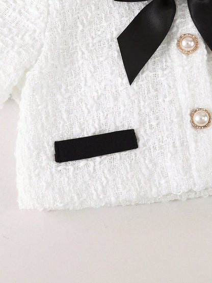 2-Piece Baby Girl Woven Tweed Top & Skirt Set,Black And White,Summer,Formal,Party Cruise Cute Newborn Knitted Outfits With Faux Pearl Button & Bow
