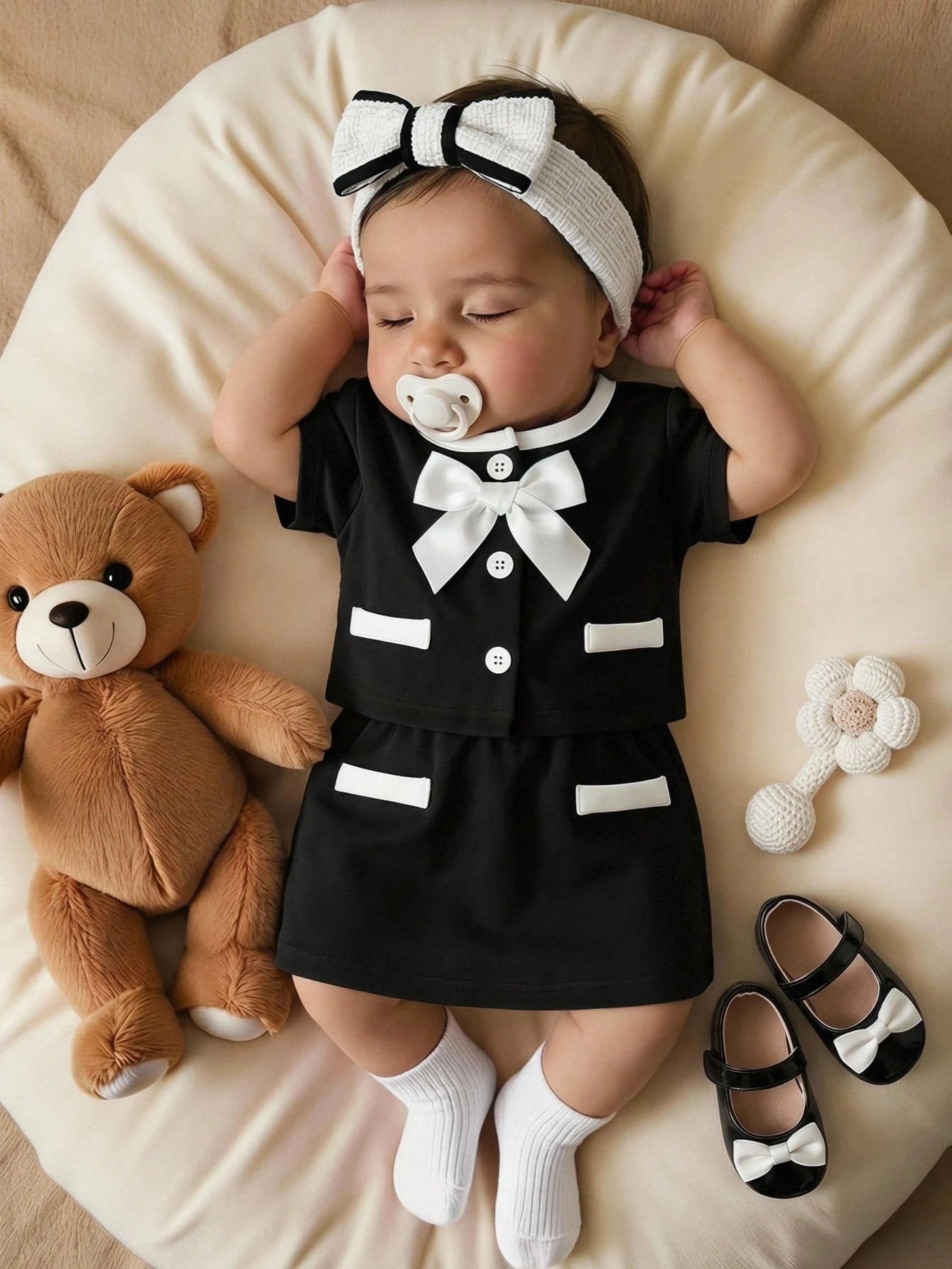 2-Piece Baby Girl Woven Tweed Top & Skirt Set,Black And White,Summer,Formal,Party Cruise Cute Newborn Knitted Outfits With Faux Pearl Button & Bow