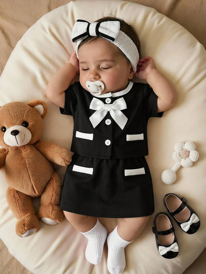 2-Piece Baby Girl Woven Tweed Top & Skirt Set,Black And White,Summer,Formal,Party Cruise Cute Newborn Knitted Outfits With Faux Pearl Button & Bow