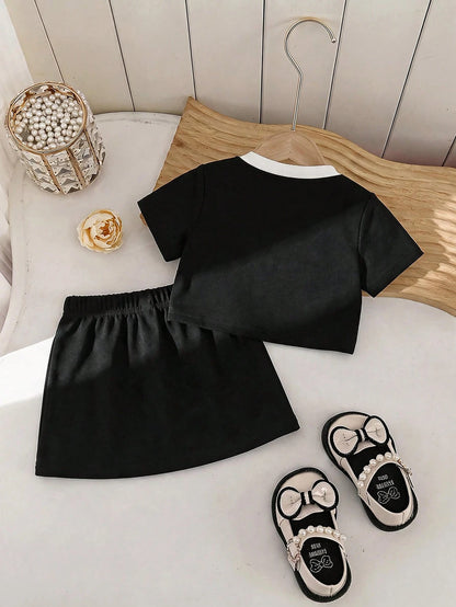 2-Piece Baby Girl Woven Tweed Top & Skirt Set,Black And White,Summer,Formal,Party Cruise Cute Newborn Knitted Outfits With Faux Pearl Button & Bow