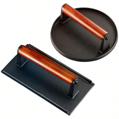 2-Piece Cast Iron Patty Press Set- Flat Round And Rectangular Hamburger Presses With Ergonomic Wooden Handles, Heavy-Duty Patty Presses For Making Patties, Sandwiches, And Grills- Ideal For Grilling