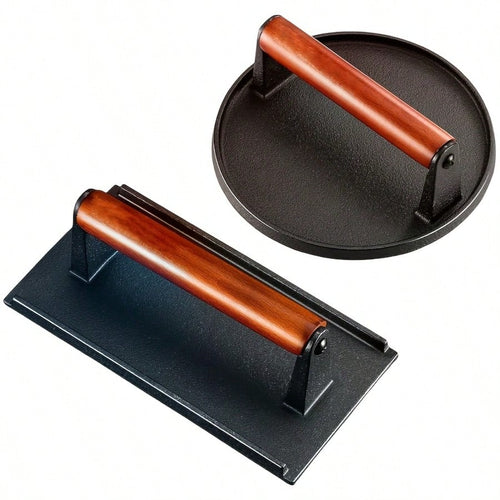 2-Piece Cast Iron Patty Press Set- Flat Round And Rectangular Hamburger Presses With Ergonomic Wooden Handles, Heavy-Duty Patty Presses For Making Patties, Sandwiches, And Grills- Ideal For Grilling