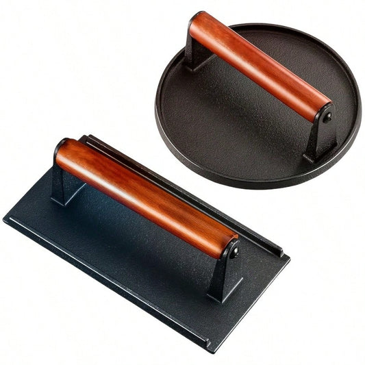 2-Piece Cast Iron Patty Press Set- Flat Round And Rectangular Hamburger Presses With Ergonomic Wooden Handles, Heavy-Duty Patty Presses For Making Patties, Sandwiches, And Grills- Ideal For Grilling