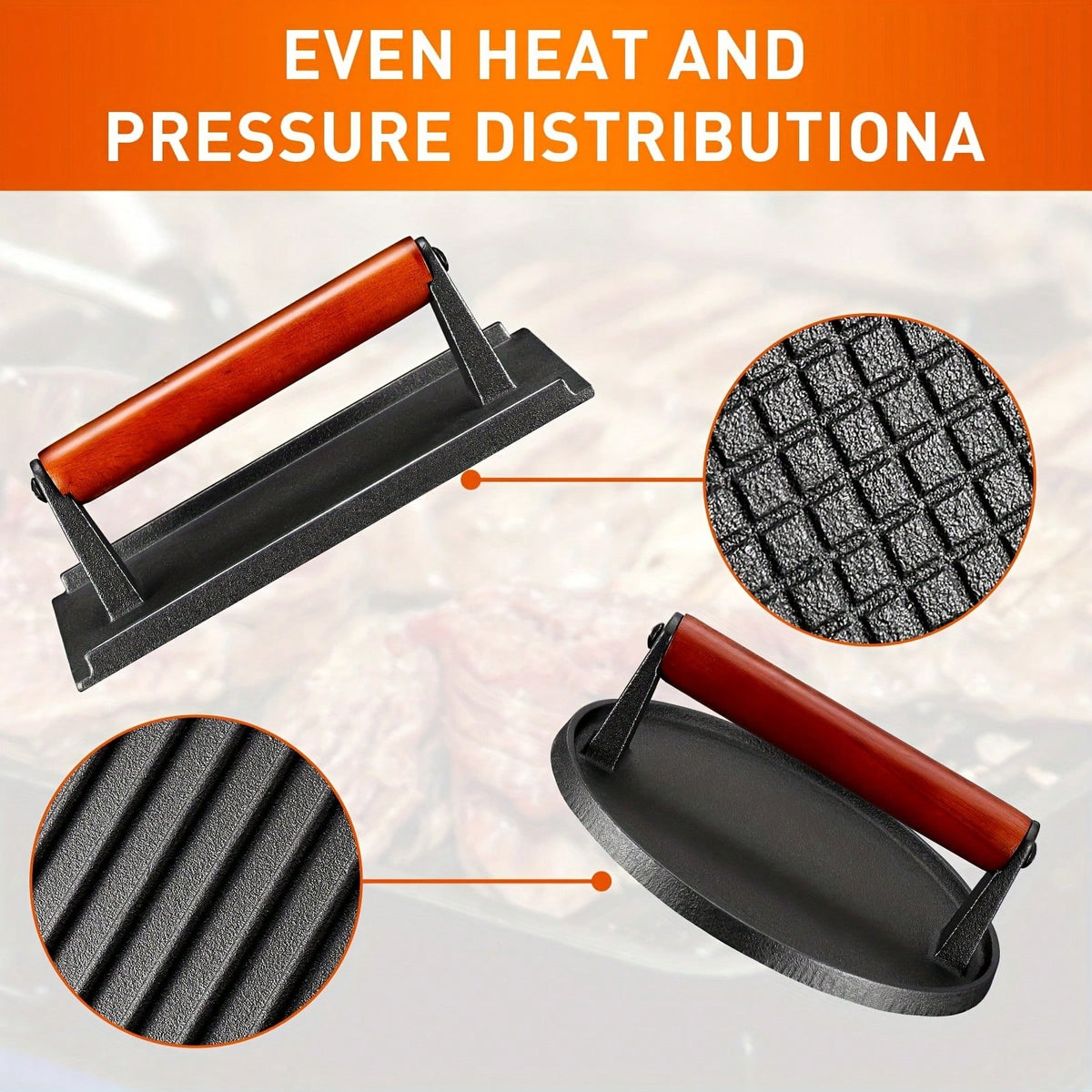 2-Piece Cast Iron Patty Press Set- Flat Round And Rectangular Hamburger Presses With Ergonomic Wooden Handles, Heavy-Duty Patty Presses For Making Patties, Sandwiches, And Grills- Ideal For Grilling