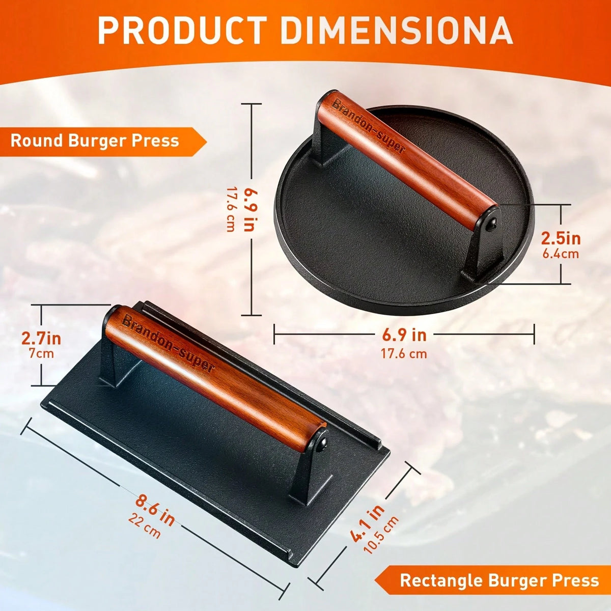 2-Piece Cast Iron Patty Press Set- Flat Round And Rectangular Hamburger Presses With Ergonomic Wooden Handles, Heavy-Duty Patty Presses For Making Patties, Sandwiches, And Grills- Ideal For Grilling