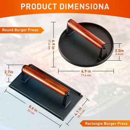 2-Piece Cast Iron Patty Press Set- Flat Round And Rectangular Hamburger Presses With Ergonomic Wooden Handles, Heavy-Duty Patty Presses For Making Patties, Sandwiches, And Grills- Ideal For Grilling
