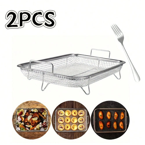 2 Pieces Of Barbecue Baskets, Stainless Steel Baking Trays + Stainless Steel Forks, Air Fryer Accessories, Deep Fry Basket, Baking Tray, Outdoor Barbecue Pan