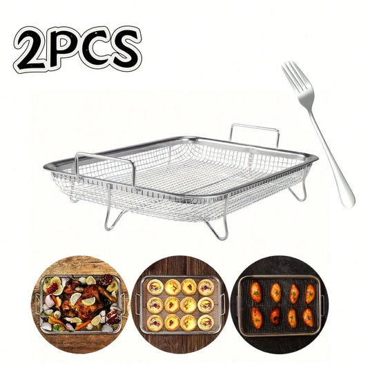 2 Pieces Of Barbecue Baskets, Stainless Steel Baking Trays + Stainless Steel Forks, Air Fryer Accessories, Deep Fry Basket, Baking Tray, Outdoor Barbecue Pan
