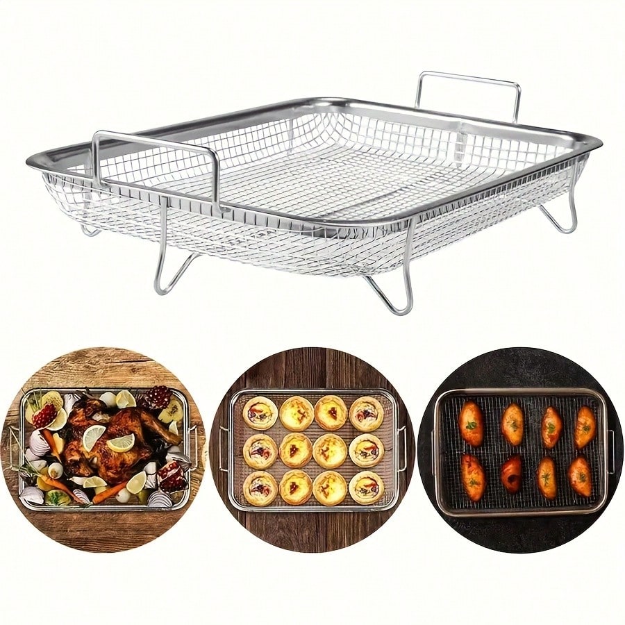 2 Pieces Of Barbecue Baskets, Stainless Steel Baking Trays + Stainless Steel Forks, Air Fryer Accessories, Deep Fry Basket, Baking Tray, Outdoor Barbecue Pan
