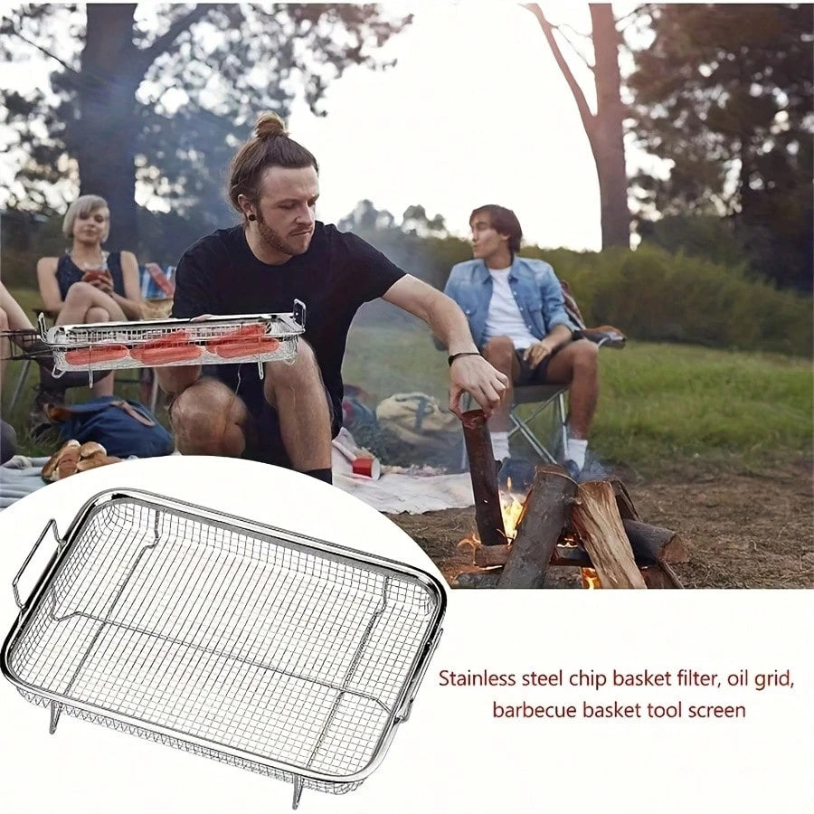 2 Pieces Of Barbecue Baskets, Stainless Steel Baking Trays + Stainless Steel Forks, Air Fryer Accessories, Deep Fry Basket, Baking Tray, Outdoor Barbecue Pan
