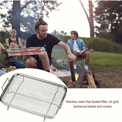 2 Pieces Of Barbecue Baskets, Stainless Steel Baking Trays + Stainless Steel Forks, Air Fryer Accessories, Deep Fry Basket, Baking Tray, Outdoor Barbecue Pan