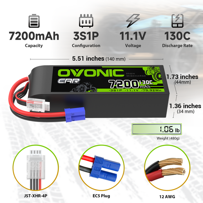 OVONIC 11.1V 130C 7200mAh 3S LiPo Battery with EC5 Plug
