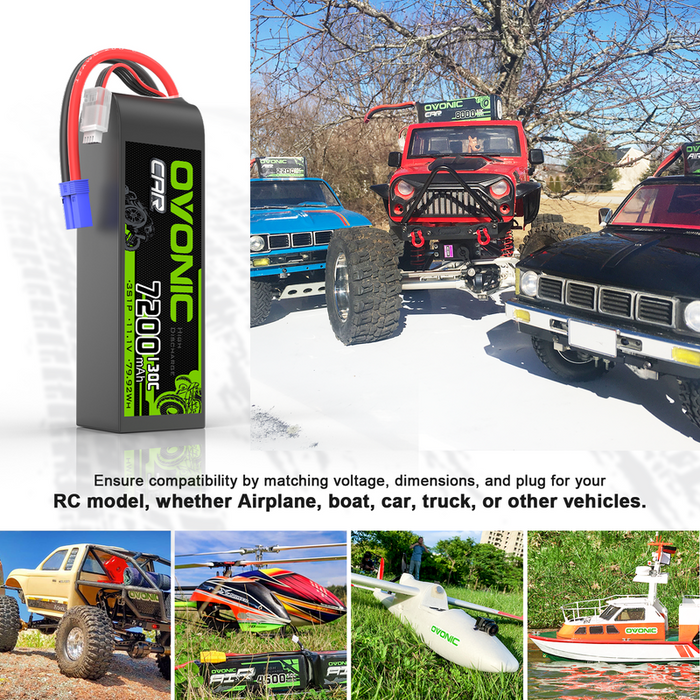 2 x OVONIC 11.1V 130C 7200mAh 3S LiPo Battery with EC5 Plug for 1/8 1/10 RC Car Truck Buggy