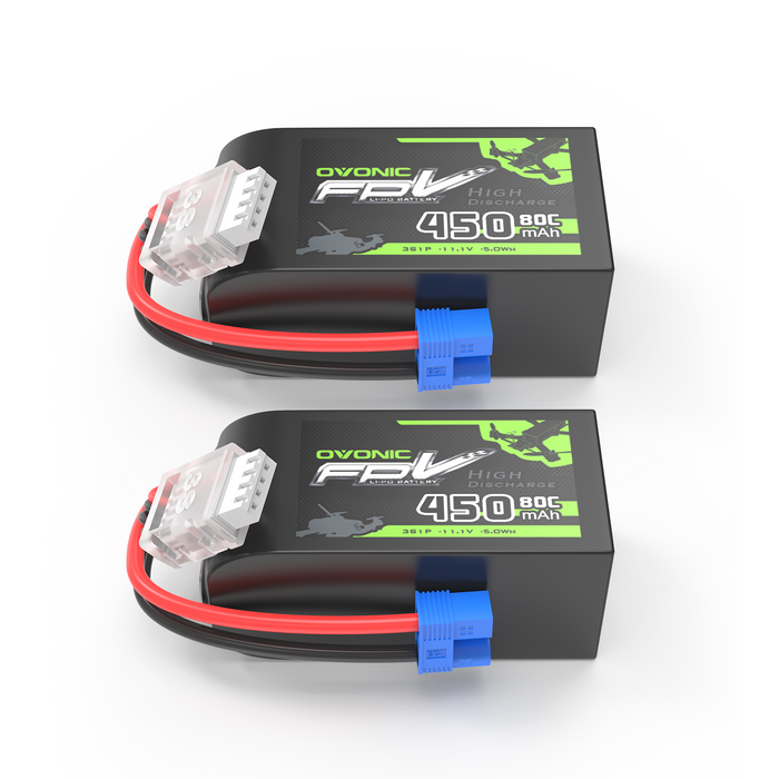 2 x OVONIC 11.1V 80C 450mAh 3S Lipo Battery Long Size with EC2 Plug