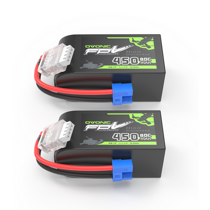 2 x OVONIC 11.1V 80C 450mAh 3S Lipo Battery Long Size with EC2 Plug