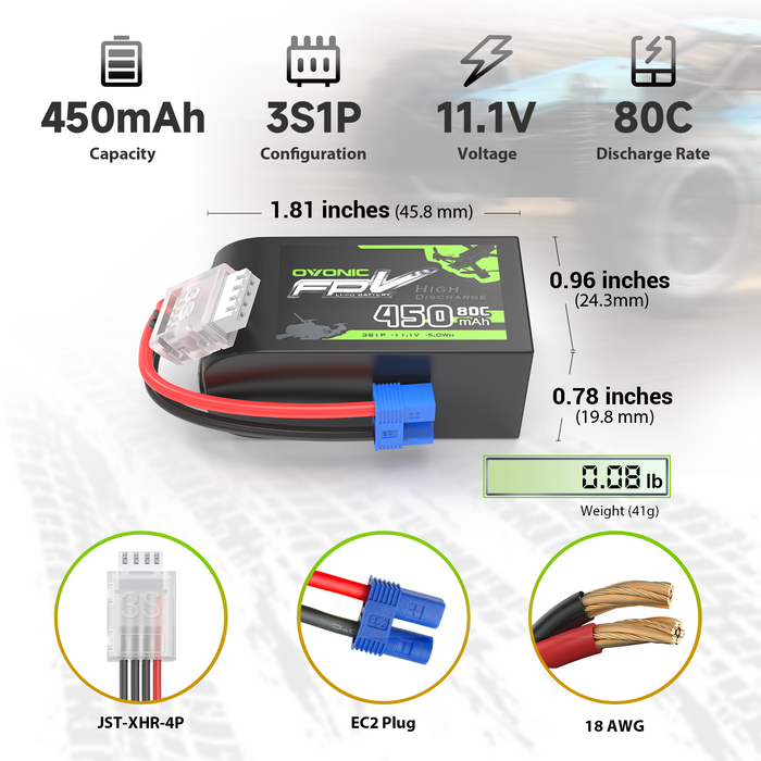 2 x OVONIC 11.1V 80C 450mAh 3S Lipo Battery Long Size with EC2 Plug