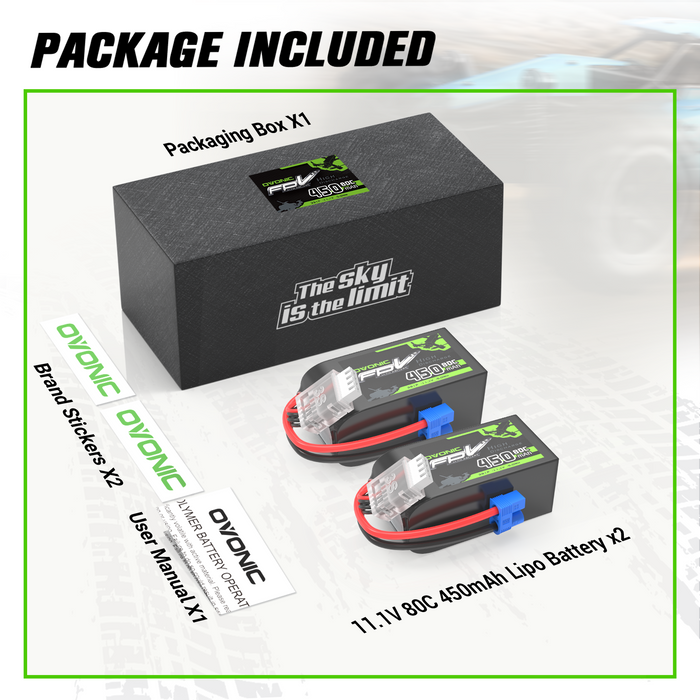 2 x OVONIC 11.1V 80C 450mAh 3S Lipo Battery Long Size with EC2 Plug