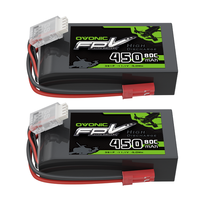 2 x OVONIC 11.1V 80C 450mAh 3S Lipo Battery with JST Plug