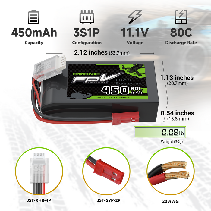 2 x OVONIC 11.1V 80C 450mAh 3S Lipo Battery with JST Plug