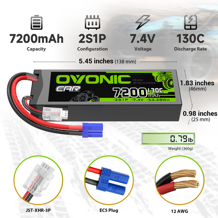 OVONIC 2S 7200mAh 130C Hardcase 7.4V Lipo Battery with EC5 Plug