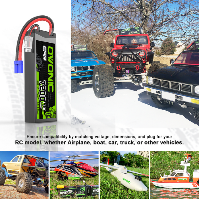 2 x OVONIC 2S 7200mAh 130C Hardcase 7.4V Lipo Battery with EC5 Plug for 1/10 scale Vehicles Car RC Truck