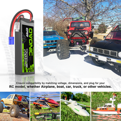 2 x OVONIC 2S 7200mAh 130C Hardcase 7.4V Lipo Battery with EC5 Plug for 1/10 scale Vehicles Car RC Truck