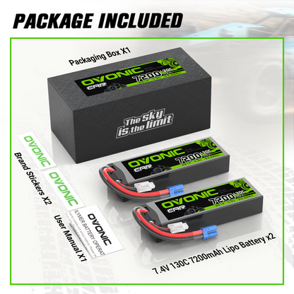 2 x OVONIC 2S 7200mAh 130C Hardcase 7.4V Lipo Battery with EC5 Plug for 1/10 scale Vehicles Car RC Truck