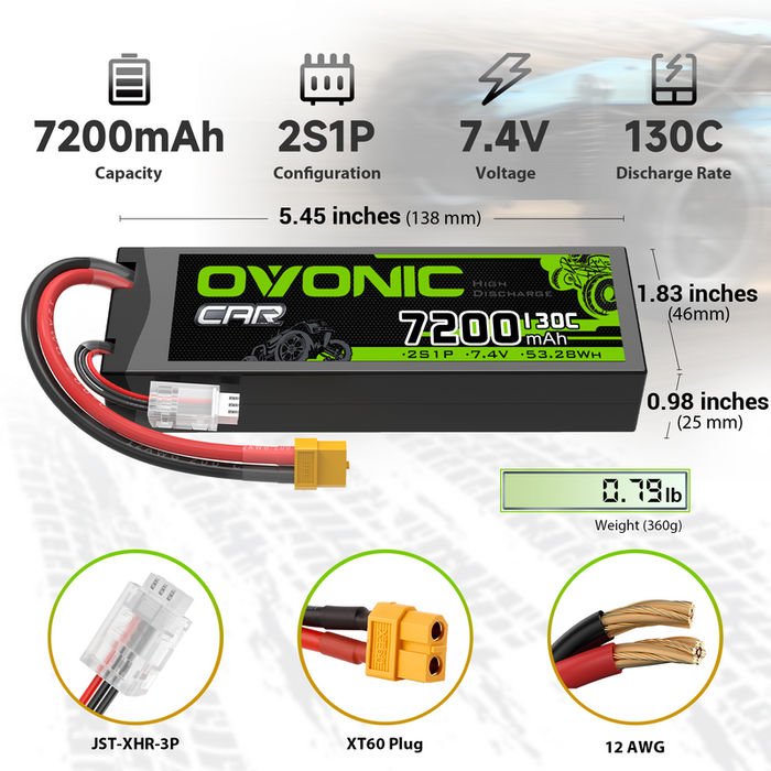 2 x OVONIC 2S 7200mAh Hardcase 7.4V 130C LiPo Battery with XT60 to TRA Plug for 1/10 scale Vehicles RC Car Truck