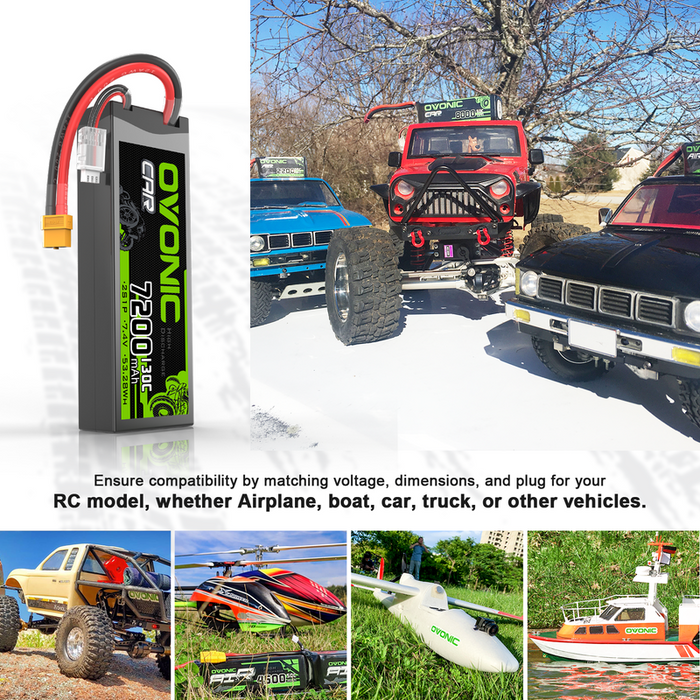 2 x OVONIC 2S 7200mAh Hardcase 7.4V 130C LiPo Battery with XT60 to TRA Plug for 1/10 scale Vehicles RC Car Truck