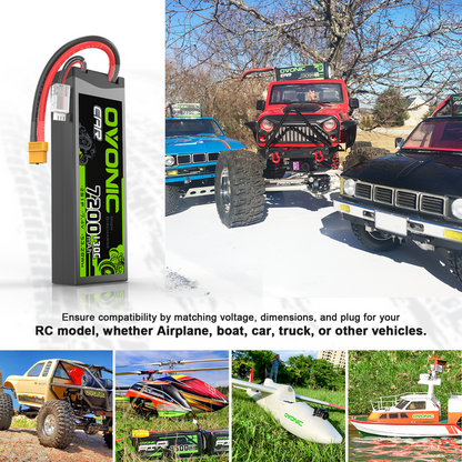 2 x OVONIC 2S 7200mAh Hardcase 7.4V 130C LiPo Battery with XT60 to TRA Plug for 1/10 scale Vehicles RC Car Truck