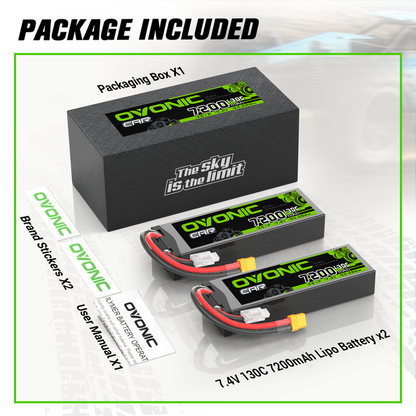 2 x OVONIC 2S 7200mAh Hardcase 7.4V 130C LiPo Battery with XT60 to TRA Plug for 1/10 scale Vehicles RC Car Truck