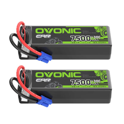 2 x OVONIC 3S 7500mAh 130C 11.1V LiPo Battery with EC5 Plug for 1/8 & 1/10 Scale RC Car Boat Helicopter