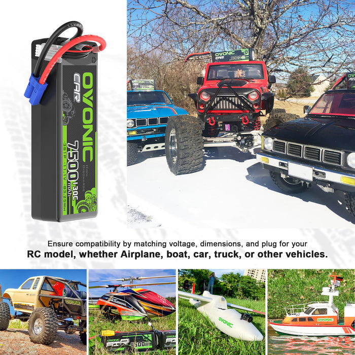 2 x OVONIC 3S 7500mAh 130C 11.1V LiPo Battery with EC5 Plug for 1/8 & 1/10 Scale RC Car Boat Helicopter