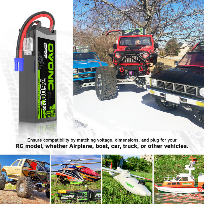 2 x OVONIC 3S 7600mAh Hardcase 130C 11.1V Lipo Battery with EC5 Plug for 1/8 & 1/10 Scale RC Car Boat Helicopter