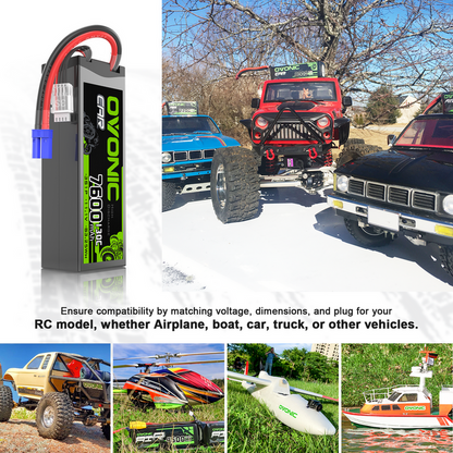 2 x OVONIC 3S 7600mAh Hardcase 130C 11.1V Lipo Battery with EC5 Plug for 1/8 & 1/10 Scale RC Car Boat Helicopter