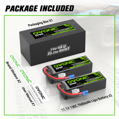 2 x OVONIC 3S 7600mAh Hardcase 130C 11.1V Lipo Battery with EC5 Plug for 1/8 & 1/10 Scale RC Car Boat Helicopter