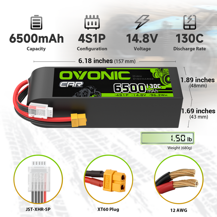 OVONIC 4S 6500mAh 14.8V 130C LiPo Battery with XT60 to TRA Plug