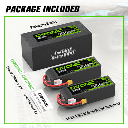 2 x OVONIC 4S 6500mAh 14.8V 130C LiPo Battery with XT60 to TRA Plug for 1/8 & 1/10 scale RC Car Truck Boat