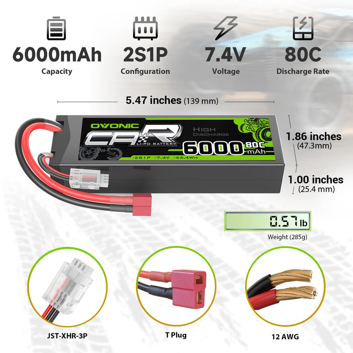 2 x OVONIC 6000mAh 80C 2S 7.4V Lipo Battery Hardcase with Deans Plug & Lipo Voltage Checker for 1/10 & 1/8 scale RC Cars Trucks Boats and buggies