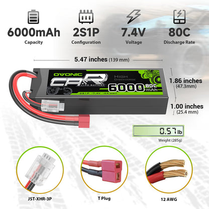 2 x OVONIC 6000mAh 80C 2S 7.4V Lipo Battery Hardcase with Deans Plug & Lipo Voltage Checker for 1/10 & 1/8 scale RC Cars Trucks Boats and buggies