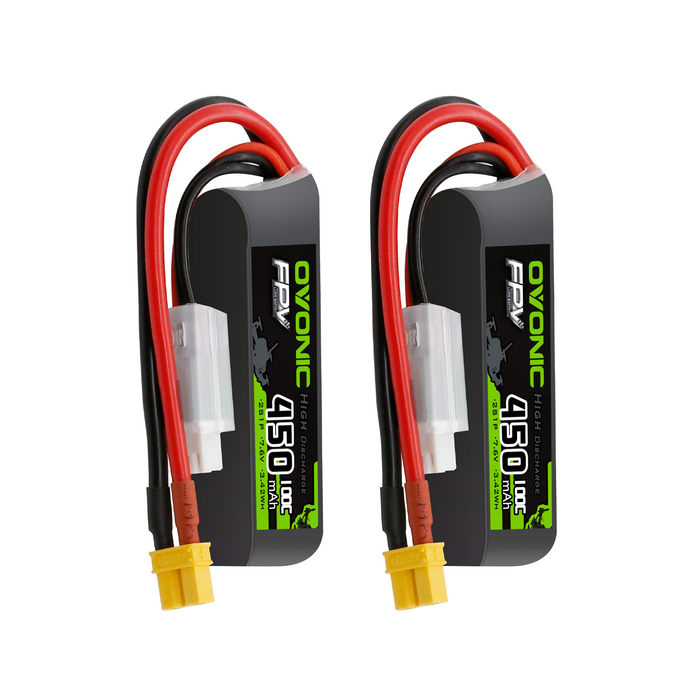 OVONIC 7.6V 100C 450mAh 2S Lipo Battery Long Size with XT30 Plug