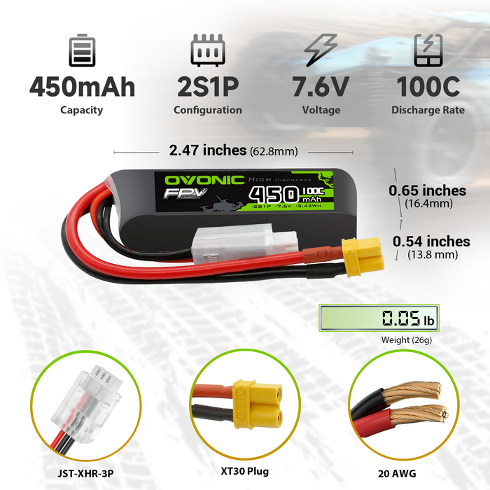 OVONIC 7.6V 100C 450mAh 2S Lipo Battery Long Size with XT30 Plug
