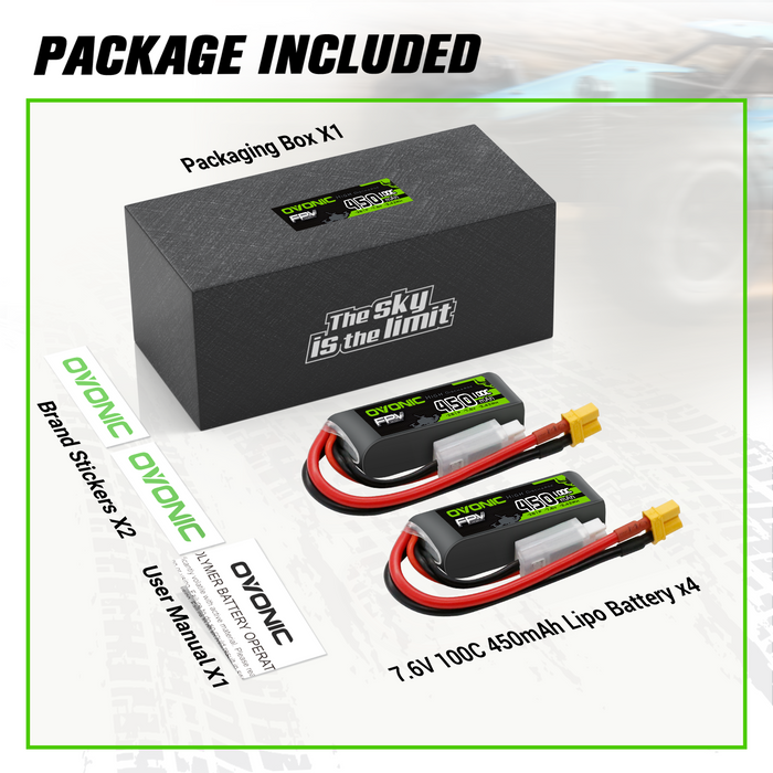 OVONIC 7.6V 100C 450mAh 2S Lipo Battery Long Size with XT30 Plug