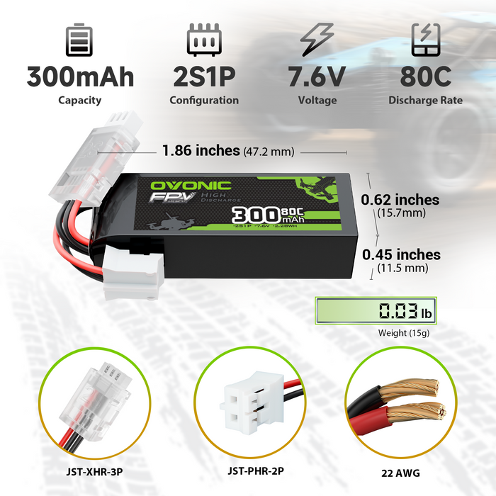 2 x OVONIC 7.6V 80C 300mAh 2S Lipo Battery with JST Plug