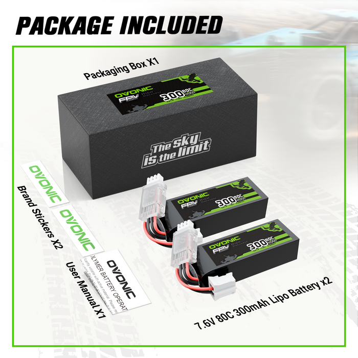 2 x OVONIC 7.6V 80C 300mAh 2S Lipo Battery with JST Plug