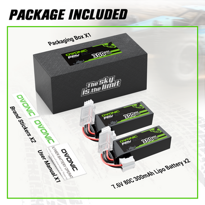 2 x OVONIC 7.6V 80C 300mAh 2S Lipo Battery with JST Plug