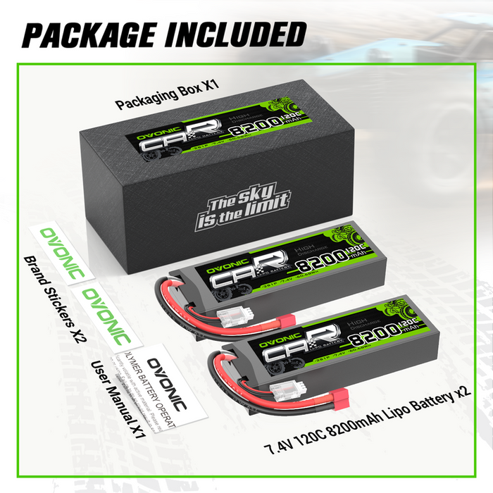 2 x OVONIC 8200mAh 120C 7.4V Lipo Battery with Deans(T) Plug for 2S RC Vehicles 1/10 Scale RC Car Truck