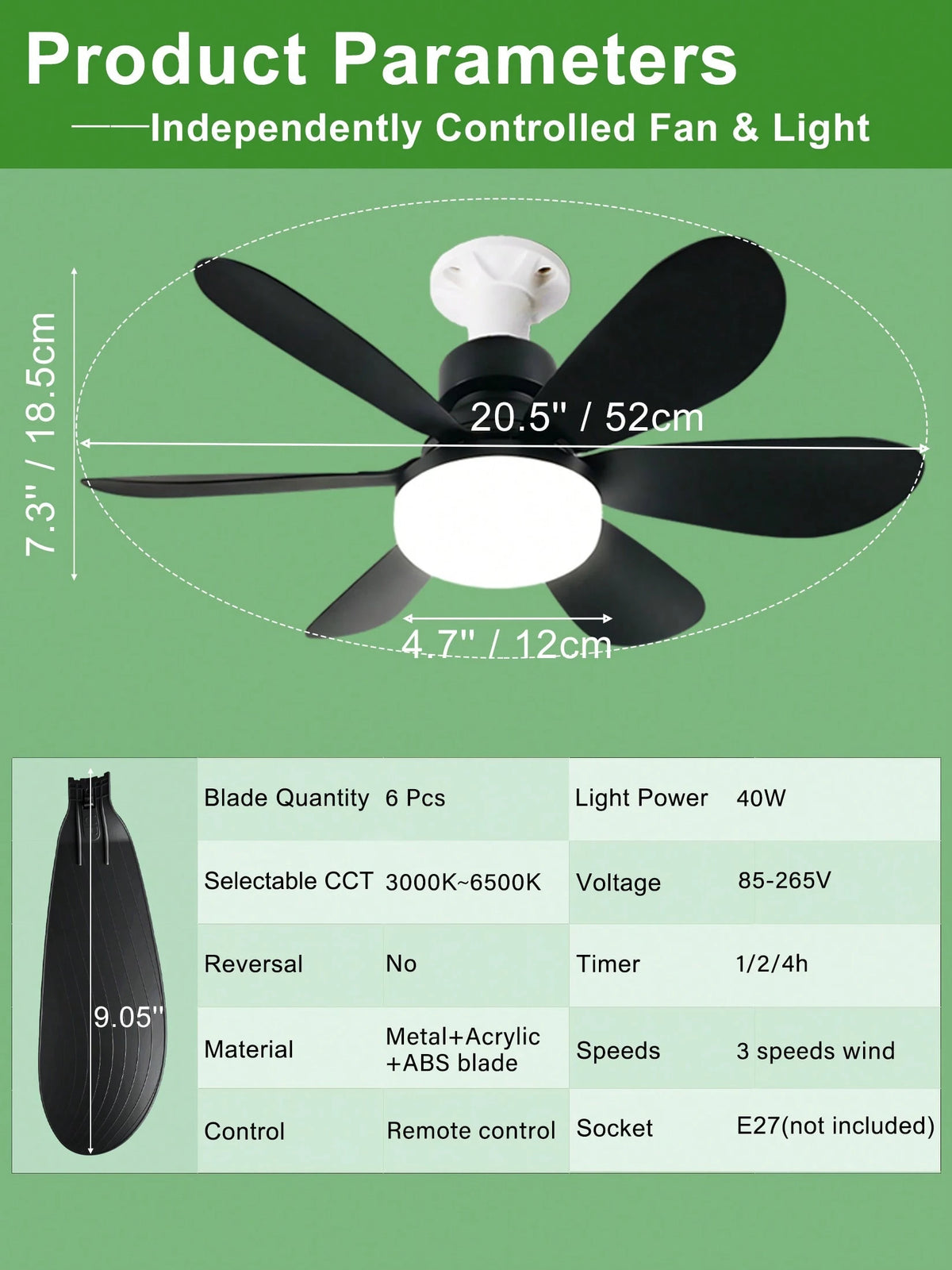 20.5" 40W Socket Fan Light, 3000K-6500K & 3 Quiet Speed, 1/2/4H Timer & Night Light, E27 Remote-Control Fan For Garages, Kitchens, Living Rooms, Tool Shops (White/Black)