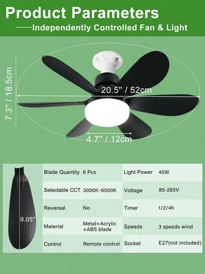 20.5" 40W Socket Fan Light, 3000K-6500K & 3 Quiet Speed, 1/2/4H Timer & Night Light, E27 Remote-Control Fan For Garages, Kitchens, Living Rooms, Tool Shops (White/Black)